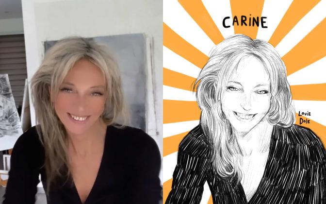 A gauche, c'est la photo de Carine, souriante et a droite c'est son illustration en noir et blanc sur un fond blanc et jaune signée Louie Dole.